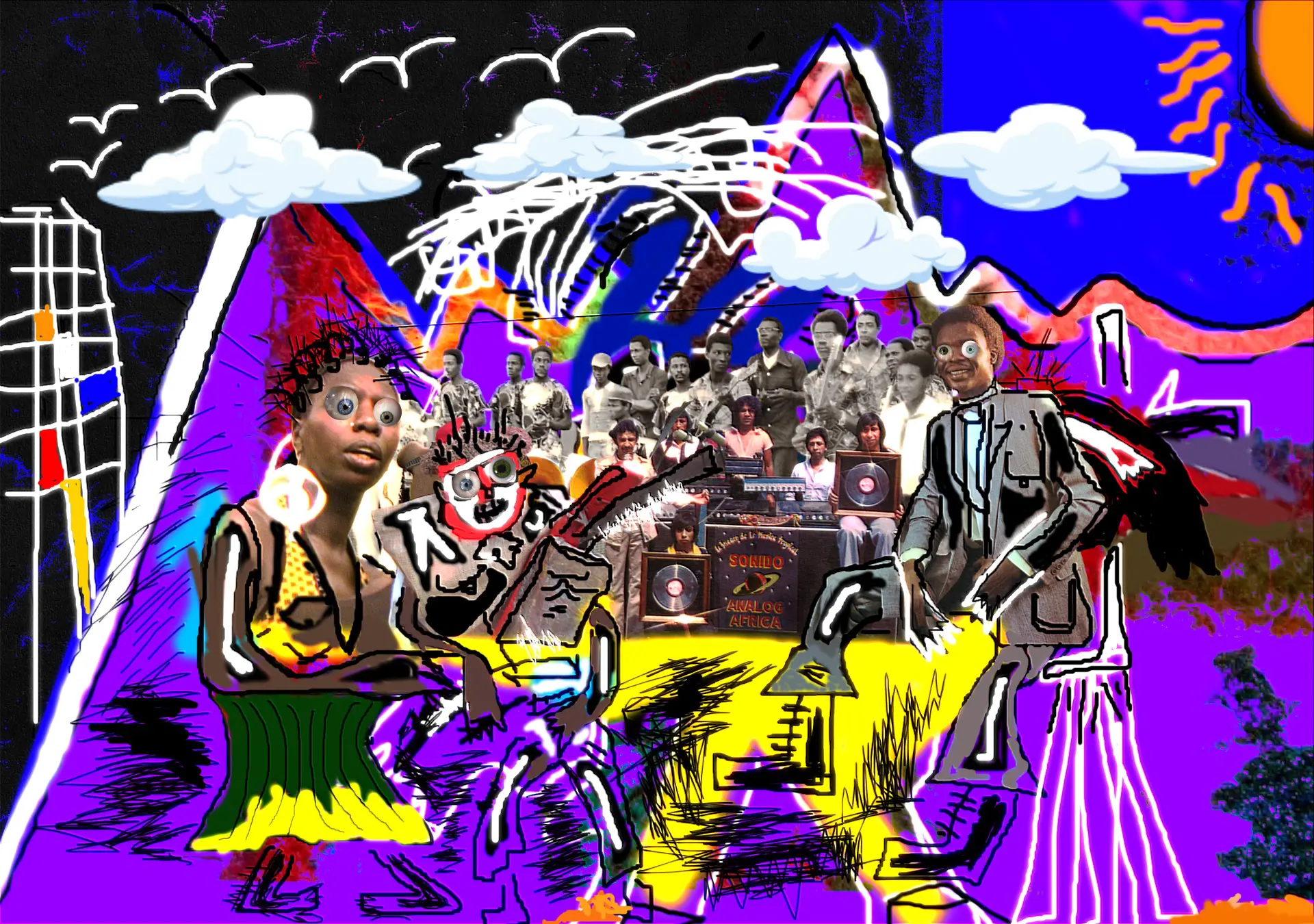 1672266543_Best-reissue-of-2022-PAM-.jpg A vibrant, abstract collage featuring stylized human figures, a group photo in the center, bright colors, mountains, clouds, and sun rays. The image reissues hand-drawn and digital elements for 2022.