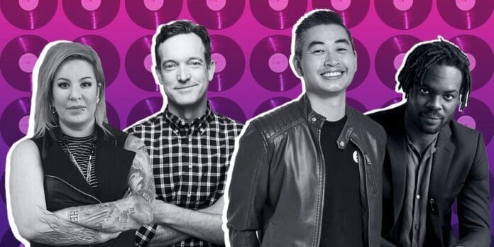 63a0dc32b5600000185b68c7.jpeg Four people, including top social-media execs shaping music's future, are shown against a background featuring a repeating pattern of vinyl records, highlighting their influence in today's TikTok-driven landscape.