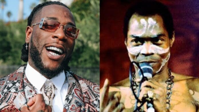 1672835895_maxresdefault.jpg Two men are pictured: one on the left smiling in a patterned suit and sunglasses, reminiscent of Fela Kuti's iconic style, and one on the right holding a microphone with traditional face paint, looking ready for a Rolling Stone cover shoot.