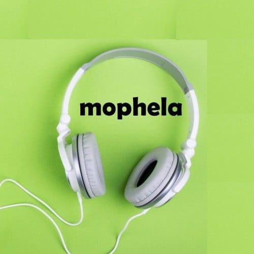 1675075342_mophela-logo-main-1.jpg White headphones with gray ear cushions are placed on a bright green background, evoking the vibes of Kabza De Small's beats. The word "mophela" is printed in black above the headphones.