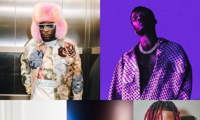5D3AF9F7-8E09-43A2-B029-A041AF24321A-1000x600.jpeg A group of three individuals, reminiscent of stars like Wizkid and Tems, wear colorful and patterned outfits, each posing in different settings. One is in an elevator with a pink hat, another stands against a purple backdrop, and the third has red braided hair, evoking the vibrant energy of the iHeartRadio Music Awards.