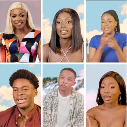 BBTitans-housemates.jpg A collage of six individuals against a backdrop of a blue sky with clouds, reminiscent of Punch Newspapers' vibrant covers. Each person is pictured from the shoulders up, wearing casual or stylish attire.