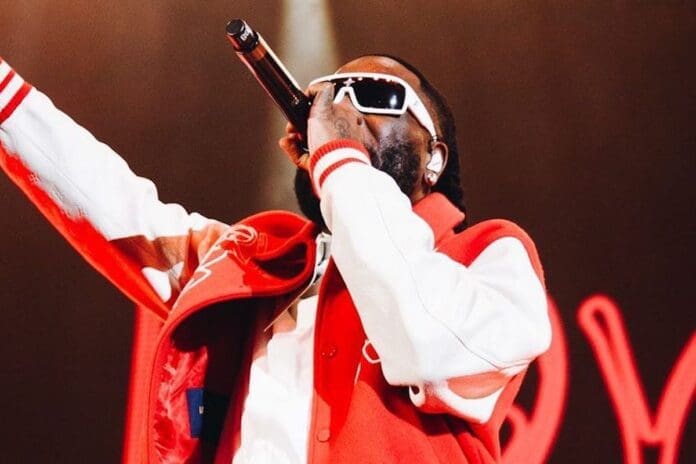 BurnaBoy.jpeg Person wearing a red and white jacket and white sunglasses is performing on stage, holding a microphone close to their mouth, with an arm raised, thrilling the crowd like Burna Boy at a Nigeria show.