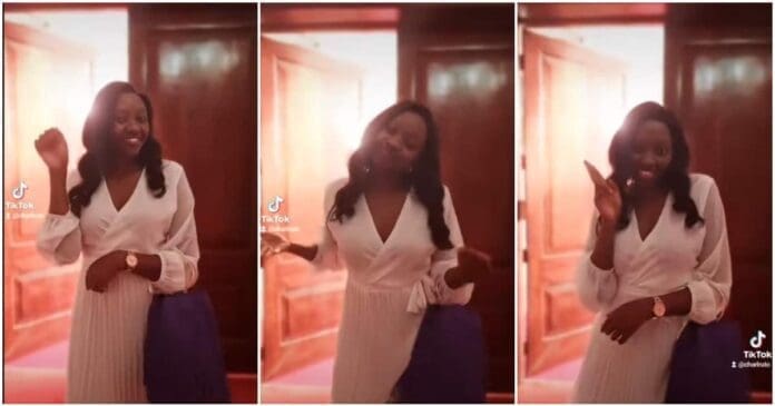 d4c14e6f694d524c.jpg Charlene Ruto, wearing a stunning white dress, poses and smiles in a series of three photos. She stands inside a room with wooden doors and a warm pink glow, capturing the essence of elegance.