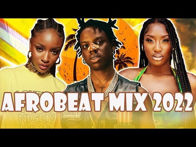 sddefault2811829.jpg Image features three individuals posing in front of a stylized background with palm trees and a sunset. The text overlay reads "Afrobeats Mix 2023".