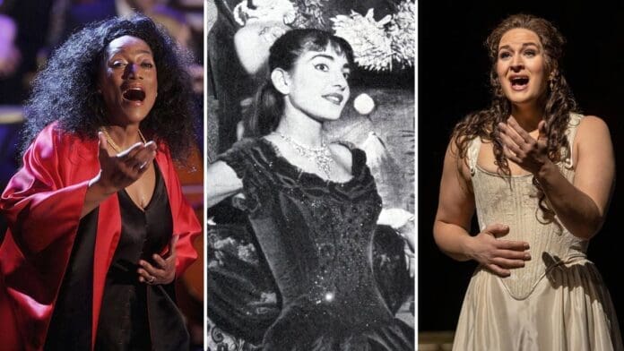 Black and white photos capturing the iconic performances of three sopranos and mezzos on stage. Black and white photos capturing the iconic performances of three sopranos and mezzos on stage.
