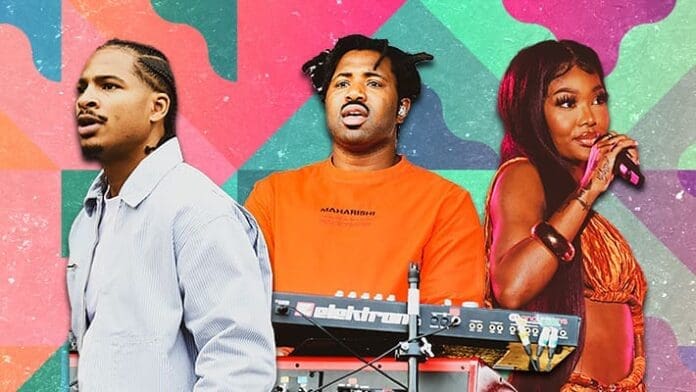 A group of people standing in front of a colorful background, Summer Walker. A group of people standing in front of a colorful background, Summer Walker.