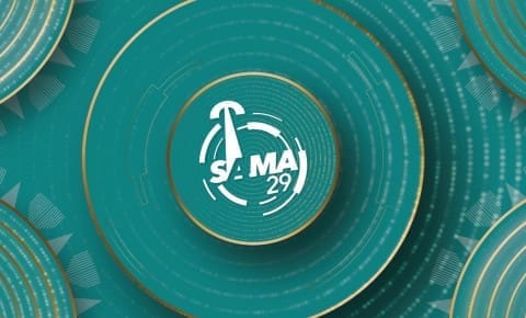 A logo with the word SAM and gold circles on a green background, representing SAMAs. A logo with the word SAM and gold circles on a green background, representing SAMAs.