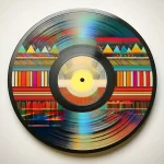 A vinyl record featuring colorful, geometric patterns and stripes on its surface, positioned against a plain, light background.