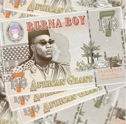africangiant.jpeg Stylized currency notes showcase an illustration of a man wearing sunglasses and a hat, adorned with "African Giant" and "Burna Boy" text. The design, reminiscent of Culture Custodian style, includes decorative patterns and natural imagery.