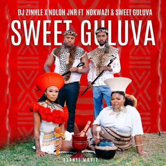 DJ-Zinhle-NDLOH-JNR-–-Sweet-Guluva-ft.-Nokwazi-Sweet-Guluva.jpg Four people in vibrant traditional African attire pose before a red patterned backdrop, with "Sweet Guluva" and artist names—including DJ Zinhle and Nokwazi—featured above them.