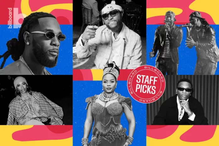 A collage of six artists, some in color and some in black and white, with a Billboard "Staff Picks" badge overlaid on a colorful abstract background celebrates the greatest Afrobeats songs.