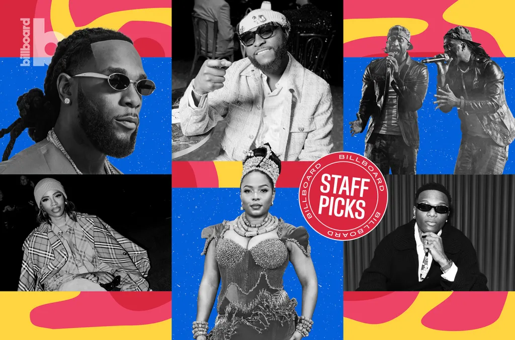 Collage of six African music artists, including solo and group portraits, with a "Billboard Staff Picks" badge over a colorful red and yellow background—celebrating the best Afrobeats songs.