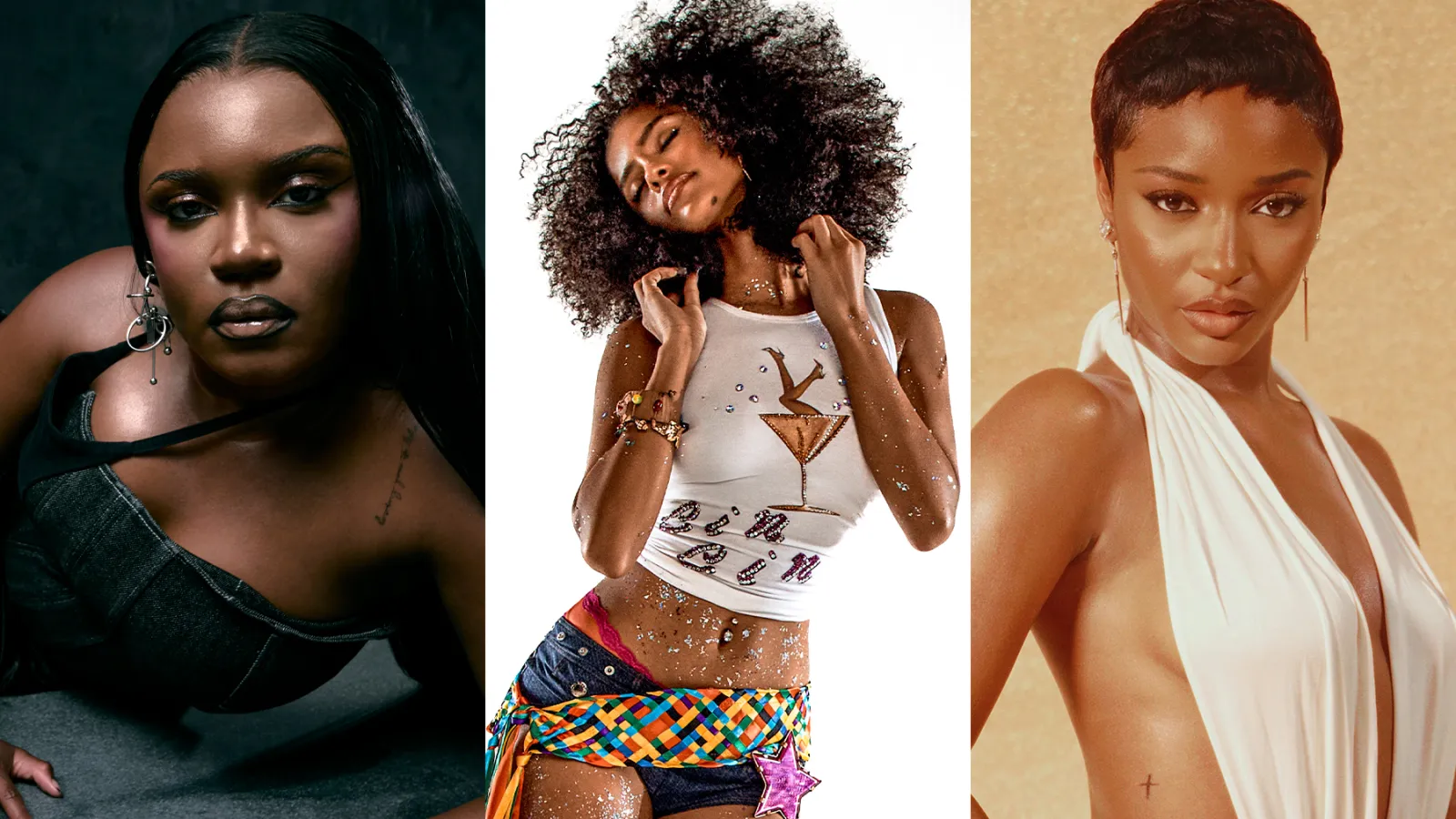 Three women pose individually: one in black on a dark background, one channeling summer vibes in a white crop top and shorts, and an Afropop Girls-inspired look with a white halter top against a gold-toned backdrop.