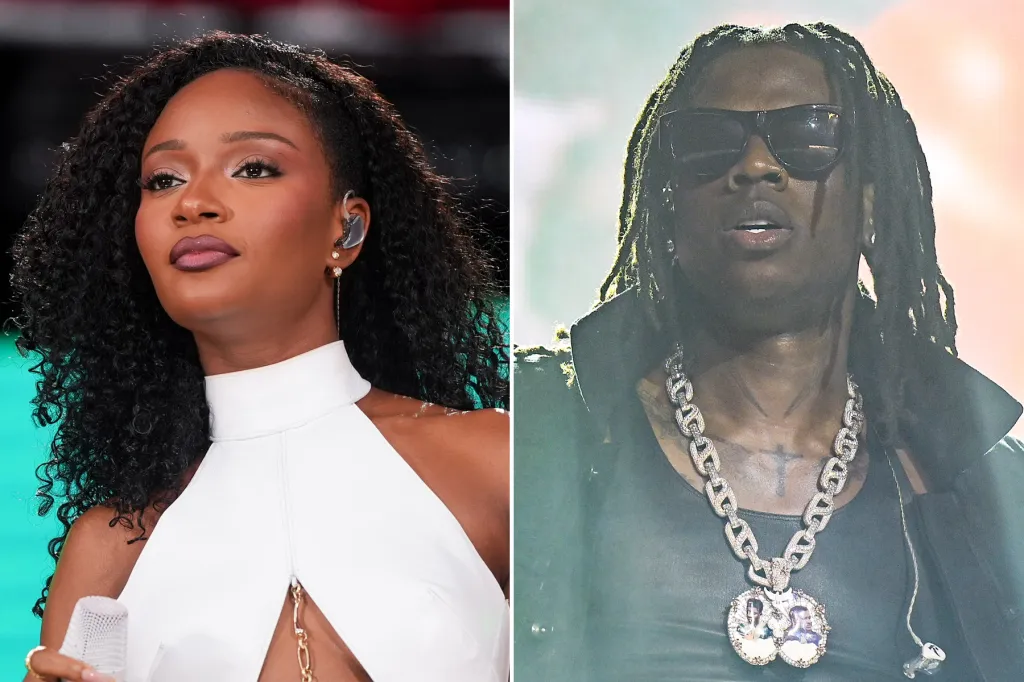 Split image of Ayra Starr in a white outfit with curly hair holding a microphone, and Rema with dreadlocks, sunglasses, and a large chain necklace performing on stage—two standout stars from African Fresh Picks.