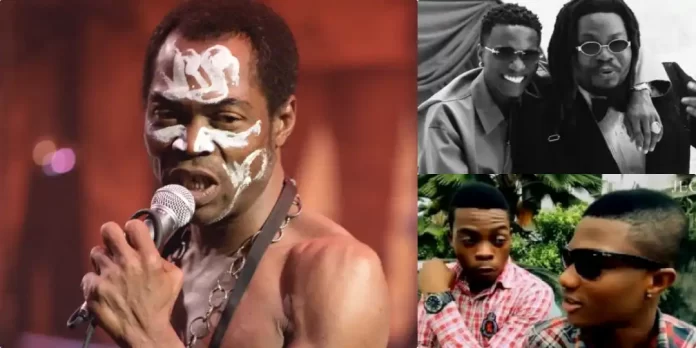 A man with white face paint sings into a microphone; adjacent are two black-and-white and color photos of afrobeat artist Wizkid and others posing together.