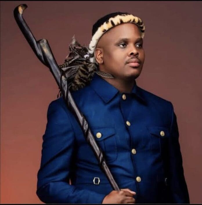 A man in a navy blue buttoned outfit and traditional Zulu headband holds a carved wooden staff, standing against a plain brown background, representing Maskandi culture from South Africa.