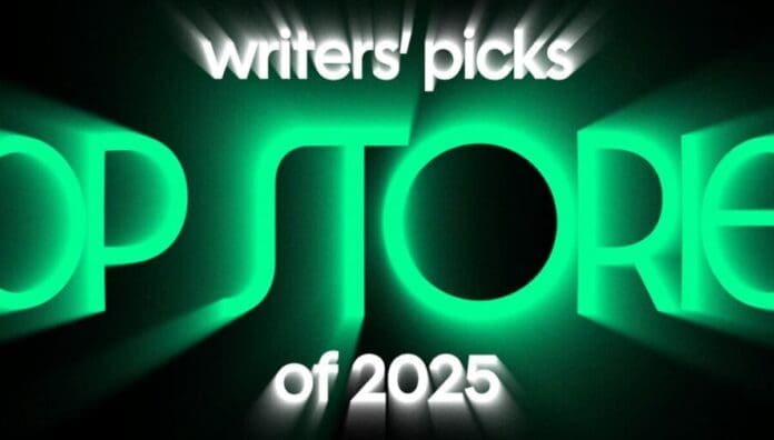 A glowing graphic reads “writers’ picks TOP STORIES of 2025” in bold, futuristic font on a dark background, spotlighting the latest in African Literature and global trends.