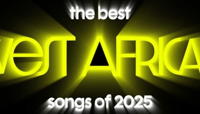 Text graphic with "the best West African songs of 2025" in bold, glowing yellow and white letters on a dark background—perfect for OkayAfrica fans.