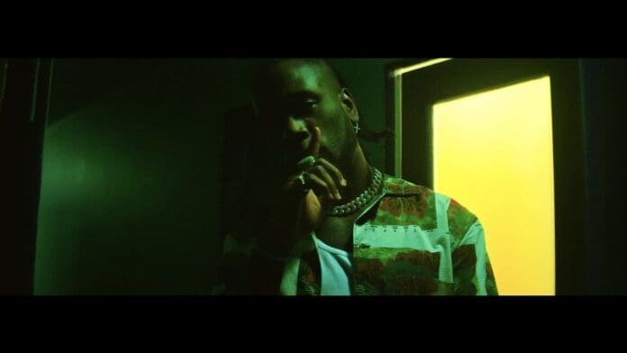 A person stands indoors near a brightly lit doorway, partially in shadow, wearing a patterned shirt and chain necklace, holding something near their mouth—reminiscent of scenes from a Burna Boy Official Music Video.