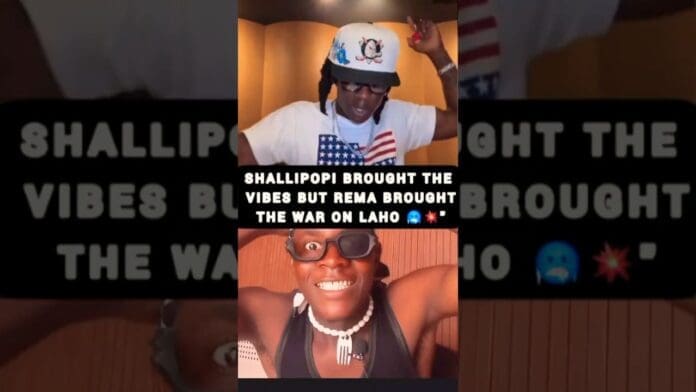 Two people appear in a split-screen video call, both wearing sunglasses. Text on screen reads: "Shallipopi brought the Afrobeats vibes but Rema brought the war on Laho.