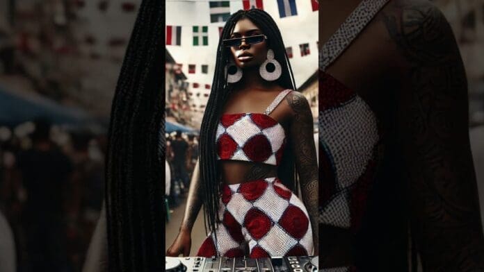 A woman with long braids, large round earrings, and sunglasses stands at a DJ set in Lagos, spinning the Latest Afrobeat 2024. She wears a red and white patterned crop top and skirt as flags hang above in a busy outdoor setting.