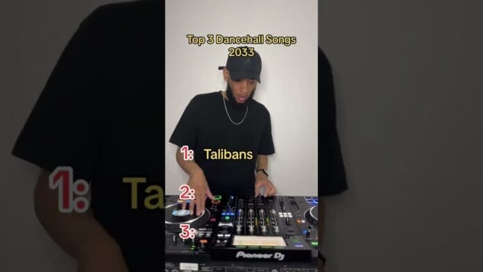 A DJ in a black t-shirt and cap stands at a Pioneer DJ controller. Text above reads "Top 3 Dancehall Bashment Songs 2023" with "1: Talibans" listed; spots 2 and 3 are blank.