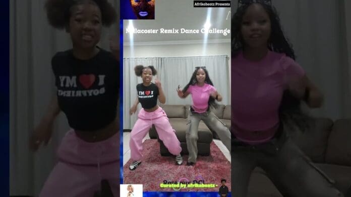 Two young women dance energetically in a living room, participating in the Sebothoma Amapiano 2025 Dancechallenge. Text and graphics are overlaid on the video.