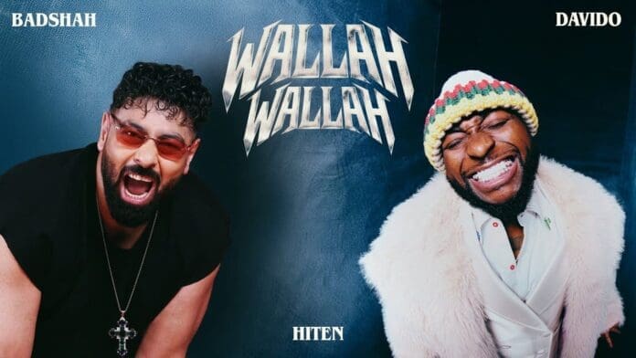 Two men stand against a blue background with "WALLAH WALLAH" in the center; text reads "Badshah" on the left, "Davido" on the right, and "Hiten" at the bottom—promoting their official music video.