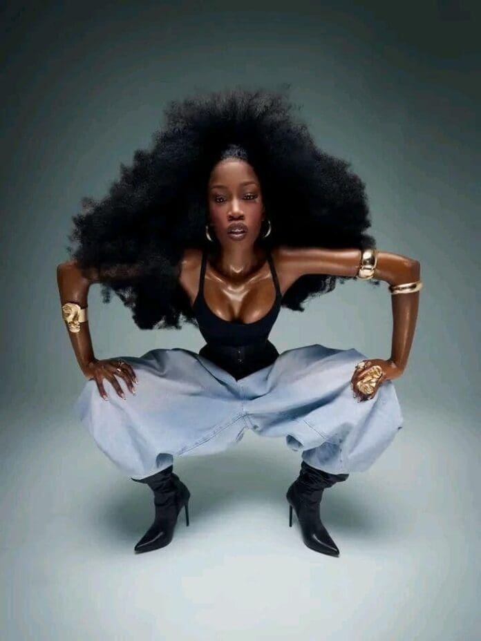 A woman with voluminous natural hair squats confidently, styled like the chart leaders among South African artists, wearing a black top, baggy jeans, black boots, and gold jewelry against a plain studio background.