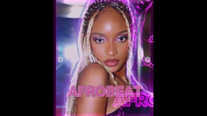 A woman with long, blonde braids poses in front of a neon pink background with the text "AFROBEAT" in bold letters, channeling vibrant naija 2024 energy for an unforgettable afrobeat video.