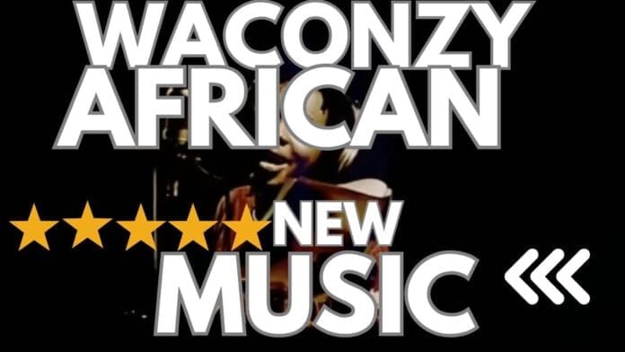 Promotional graphic with large text reading "Waconzy African New Music," five gold stars, and a person singing in the background, celebrating vibrant Afrobeat Music.
