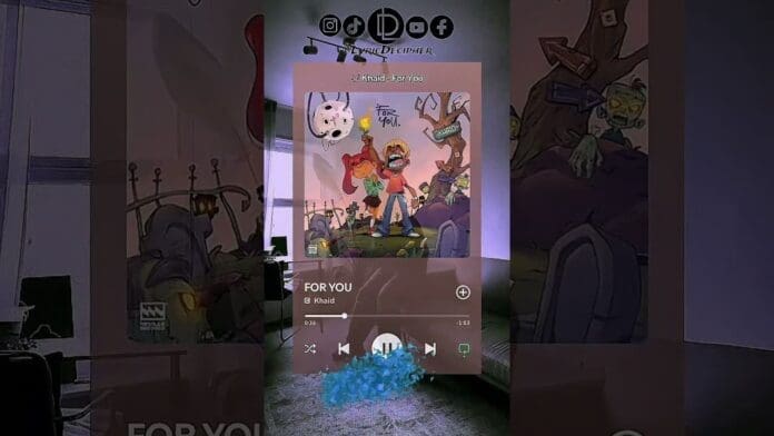 A phone screen displays the new song "FOR YOU" by Khalid playing on Spotify, with animated cover art and social media icons visible at the top—perfect for discovering fresh new music.