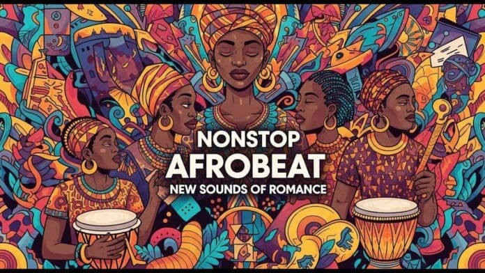 Colorful illustration of women in traditional African attire playing drums, with bold text reading "NONSTOP AFROBEAT NEW SOUNDS OF ROMANCE." Featuring VICMORAI and the latest afrobeats songs 2025 over a vibrant, patterned background.