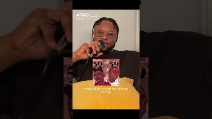 A person holding a microphone speaks, with graphics of two illustrated faces and "50" displayed. Text overlay reads, "resulting in a track that's both catchy," capturing the vibrant energy found in Afrobeats songs by artists like Joeboy and Bella Shmurda.