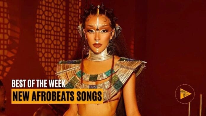 A woman in elaborate gold and metallic attire poses against a warm brown background. Text reads "Best of the Week: Top Afrobeats Songs.