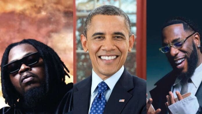 Three men in separate portraits: the first, like Burna Boy, wears dark sunglasses; the second in a suit, smiling as if featured on Obama’s Favourite Songs; and the third grins with sunglasses and jewelry.