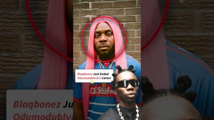 A man in a long pink wig and blue shirt is framed by a red circle; another person in sunglasses appears in the foreground. Text reads: "Blaqbonez Just Ended Odumodu’s Career with a savage diss track.
