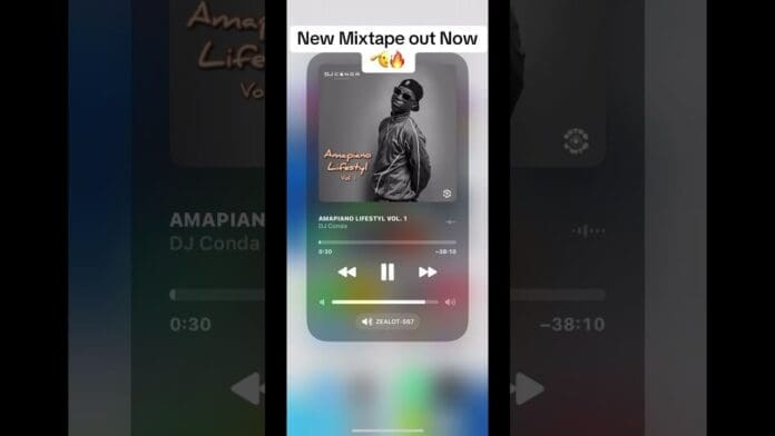A phone screen displays a music player featuring "Amapiano Lifestyle Vol. 1" by DJ Conda, with "New Mixtape out Now" and fire emojis—perfect for your next amapiano mixtape session or amapiaonmix2024 playlist!.