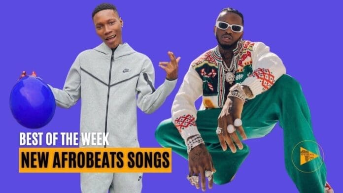 Two men pose against a solid purple background; one in a gray tracksuit holds a blue balloon, while the other, in sunglasses and colorful clothing, stands beside him. Text reads "Top Afrobeats" and "New Afrobeats Songs.