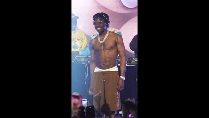 A shirtless man wearing brown shorts and jewelry stands on stage in front of a crowd, performing "Calm Down" by Rema, with a DJ and equipment visible in the background.