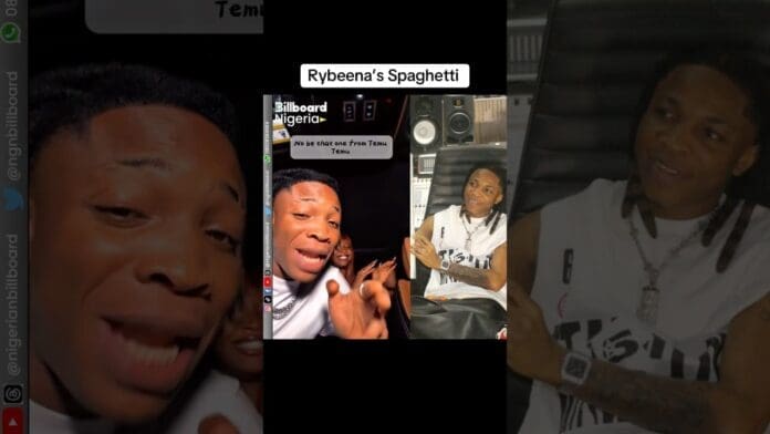 A man in a recording studio points at the camera while another man sits beside him, both smiling. Text on the image reads "Rybeena’s Spaghetti," hinting at new music from Rybeena and Mr Bee, featured on Billboard Nigeria.