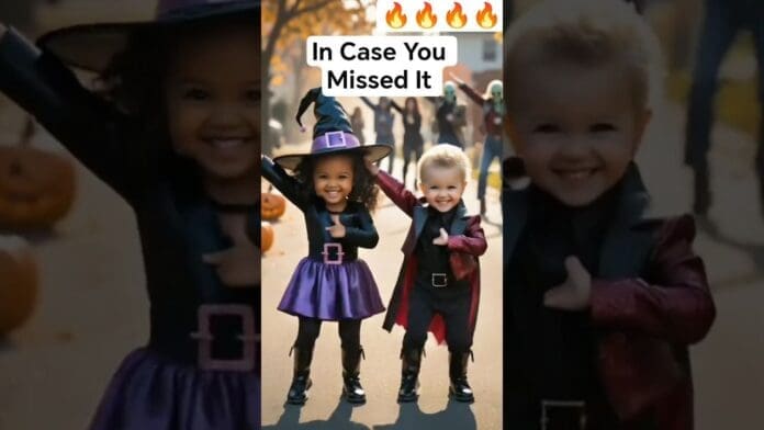 Two children dressed in Halloween costumes, one as a witch and the other as a vampire, stand smiling outdoors. Text at top reads, "In Case You Missed It" with fire emojis—Afrobeats vibes meet spooky season fun!.