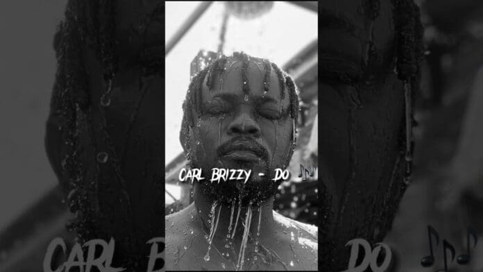 Black-and-white photo of a man with closed eyes standing under running water, with text "CARL BRIZZY - DO" and music notes overlaid, hinting at his new song and afrobeat music vibe.