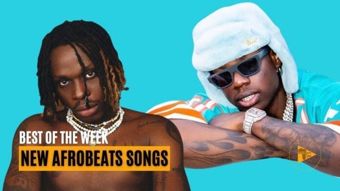Two men pose against a blue background, one shirtless with layered necklaces, the other in a light blue fur hat, sunglasses, and a watch. Text reads "Best of the Week: Top Afrobeats Songs.