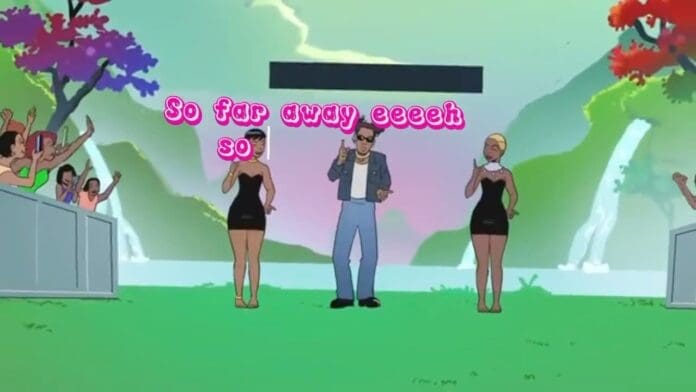 Animated man in sunglasses stands between two women on stage, as an outdoor crowd cheers to AFROBEATS and karaoke lyrics "SO FAR AWAY eeeeh so" by EDGAR.MFEBAR light up above.