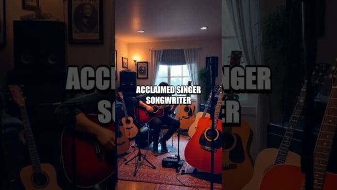 A person sits playing guitar in a room filled with acoustic guitars, with the words "ACCLAIMED SINGER SONGWRITER" overlaid in bold text, celebrating new songs and inspiring emerging artists.
