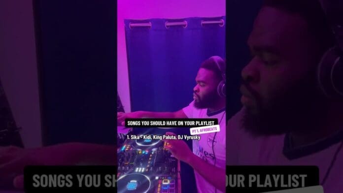 A man wearing headphones DJs at a mixing console in a purple-lit room. Text on image reads, "SONGS YOU SHOULD HAVE ON YOUR PLAYLIST" and lists top Ghanaian songs: "Ska – Kidd, King Paluta, DJ Vyrusky," perfect for your next DJ mix.