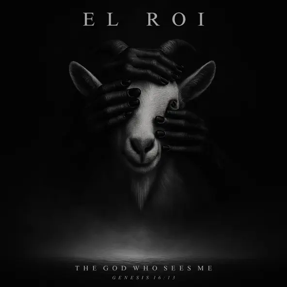 A goat stands facing forward as dark hands cover its eyes against a black background. Text above reads "EL ROI"—a Gospel reflection on "The God Who Sees Me, Genesis 16:13," inspired by Gaba Cannal.