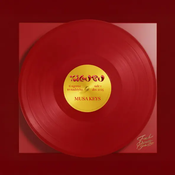A red vinyl record with a gold center label displays the artist name "Musa Keys" and song title "Selema Xigubu" on a matching red and gold square background.